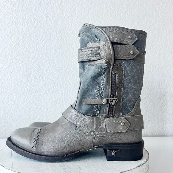 NEW Lane Boots Womens Gray Leather Canvas Mid-Calf Western Moto Style Zip Size 8 - Picture 4 of 12